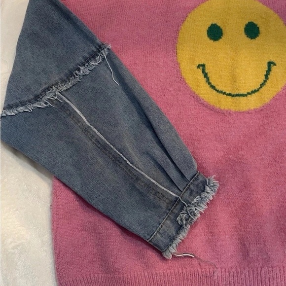 BiBi Pink Sweater with Smiley and Denim Sleeves - Picture 2 of 5